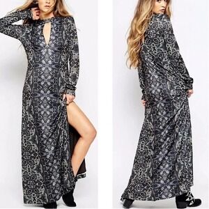 Free People Maxi Dress S Cabaret Kaleidoscope Dark Combo Cut Out Slit Boho Goth